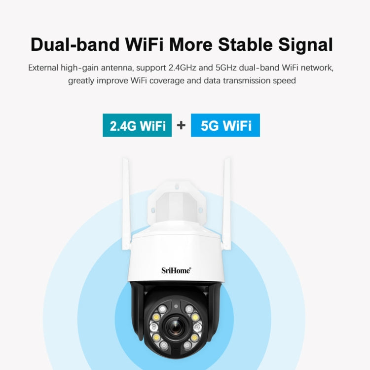 SriHome SH041 5.0MP 20X Optical Zoom 2.4G/5G WiFi Waterproof AI Auto Tracking H.265 Video Surveillance SriHome SH041 5.0MP 20X Optical Zoom 2.4G/5G WiFi Waterproof AI Auto Tracking H.265 Video Surveillance